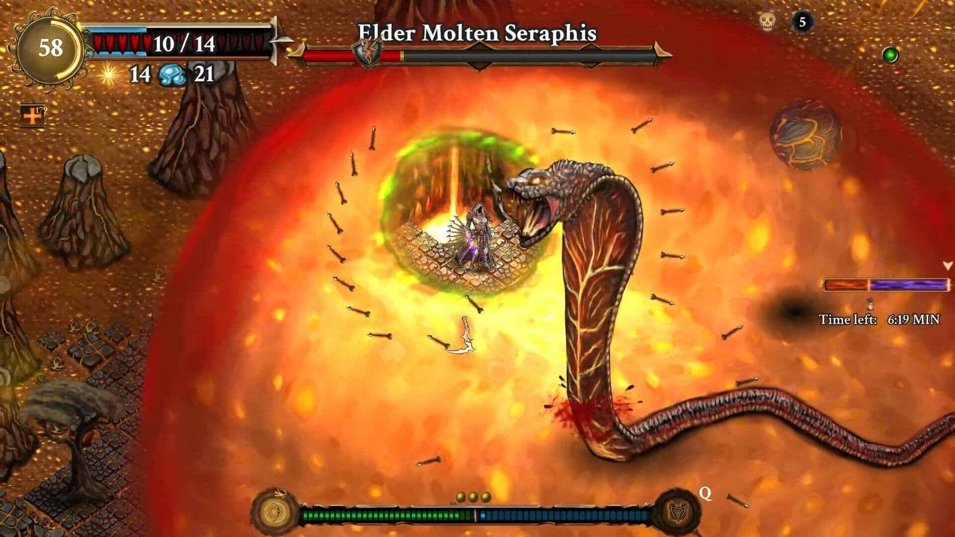 Player character fighting a large fiery serpent boss Elder Molten Seraphis surrounded by flames and bones