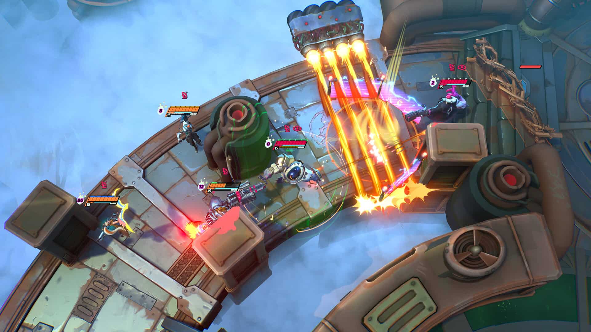 Top-down view of a chaotic multiplayer fight on a curved industrial platform with characters firing weapons and energy beams