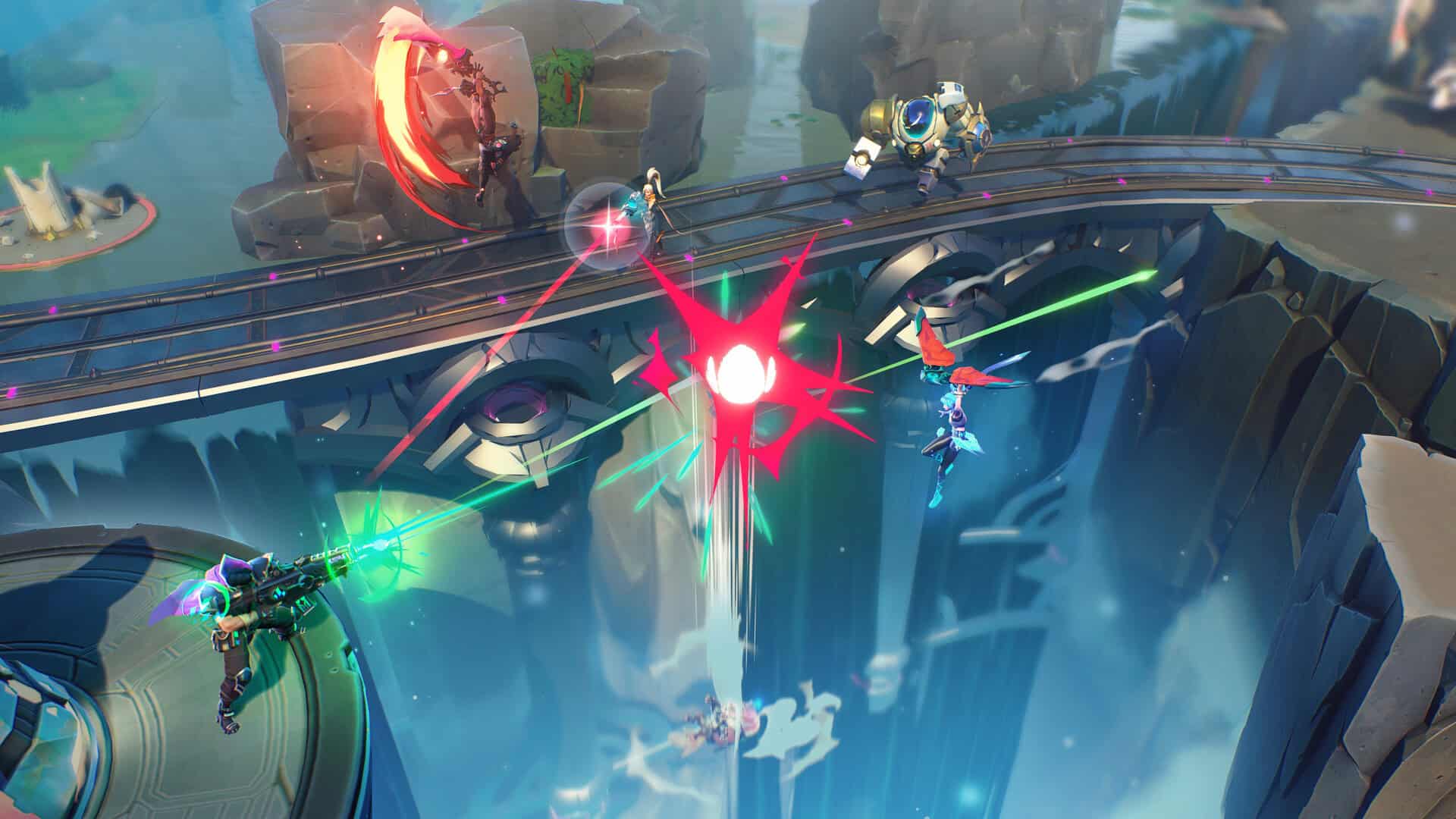 Characters engaged in a colourful battle with weapons on a rocky cliff beside an elevated bridge in a vibrant game scene.