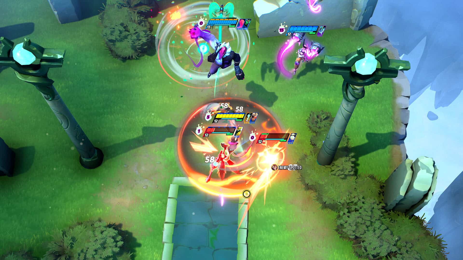 Top-down view of a bright, colourful multiplayer game battle with characters using various abilities and health bars visible