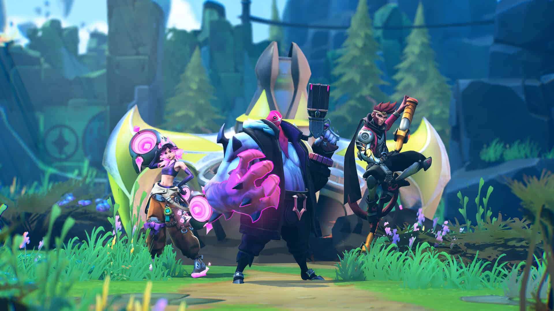 Three colourful multiplayer characters on a grassy field with a futuristic monument in the background