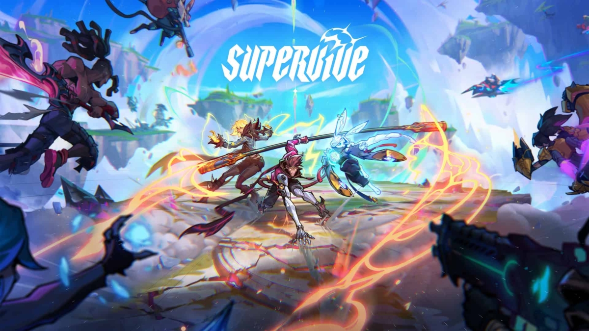 Characters fight on floating islands under a clear blue sky with 'Supervive' logo above