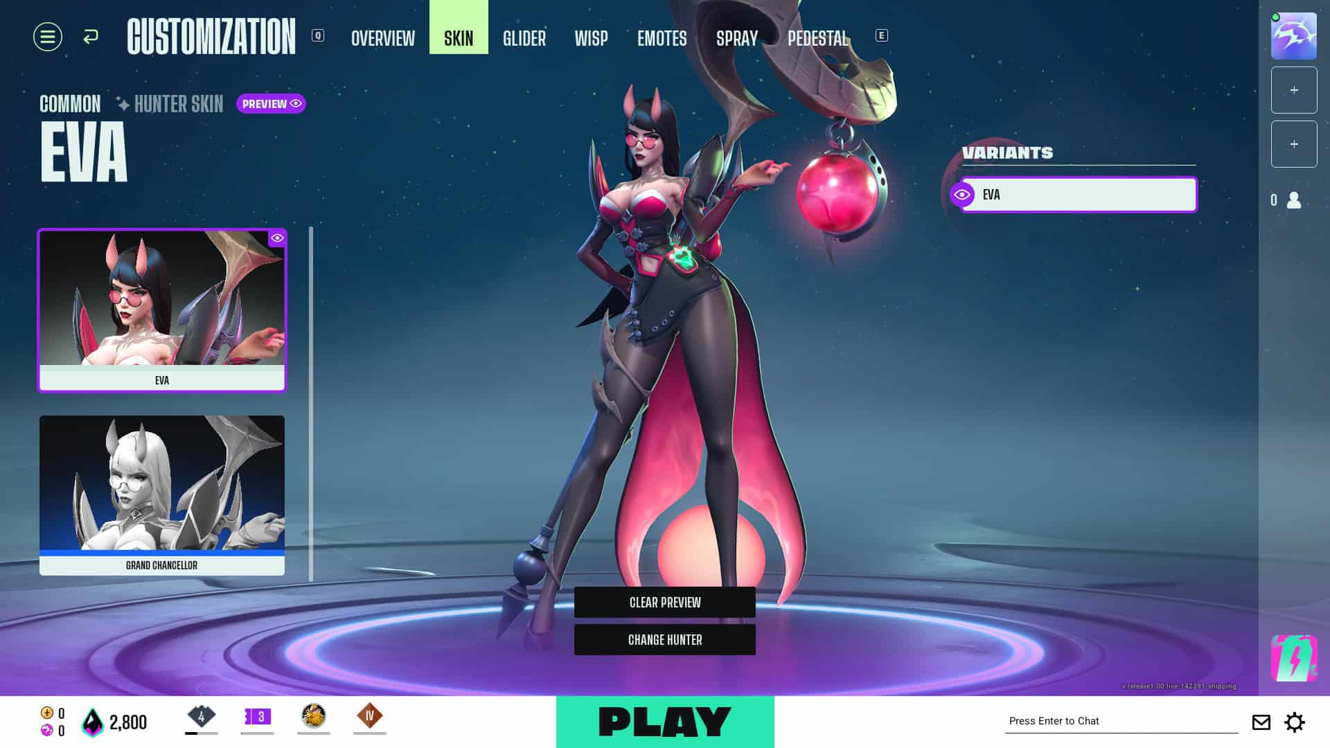 Female character Eva in black and pink costume with horns and red sunglasses in game skin customization screen
