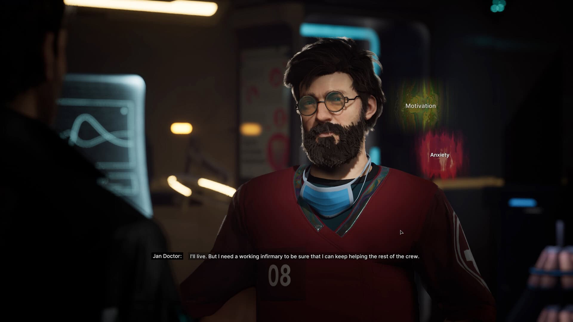 Bearded man with glasses and a red uniform speaking in a dimly lit futuristic medical room