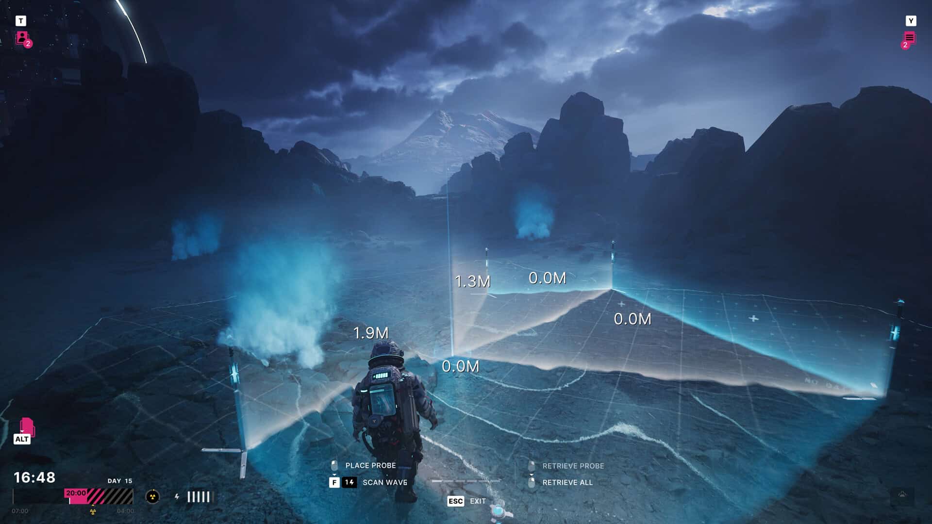 Player character stands in dark mountainous terrain deploying scanning probes emitting blue holographic waves