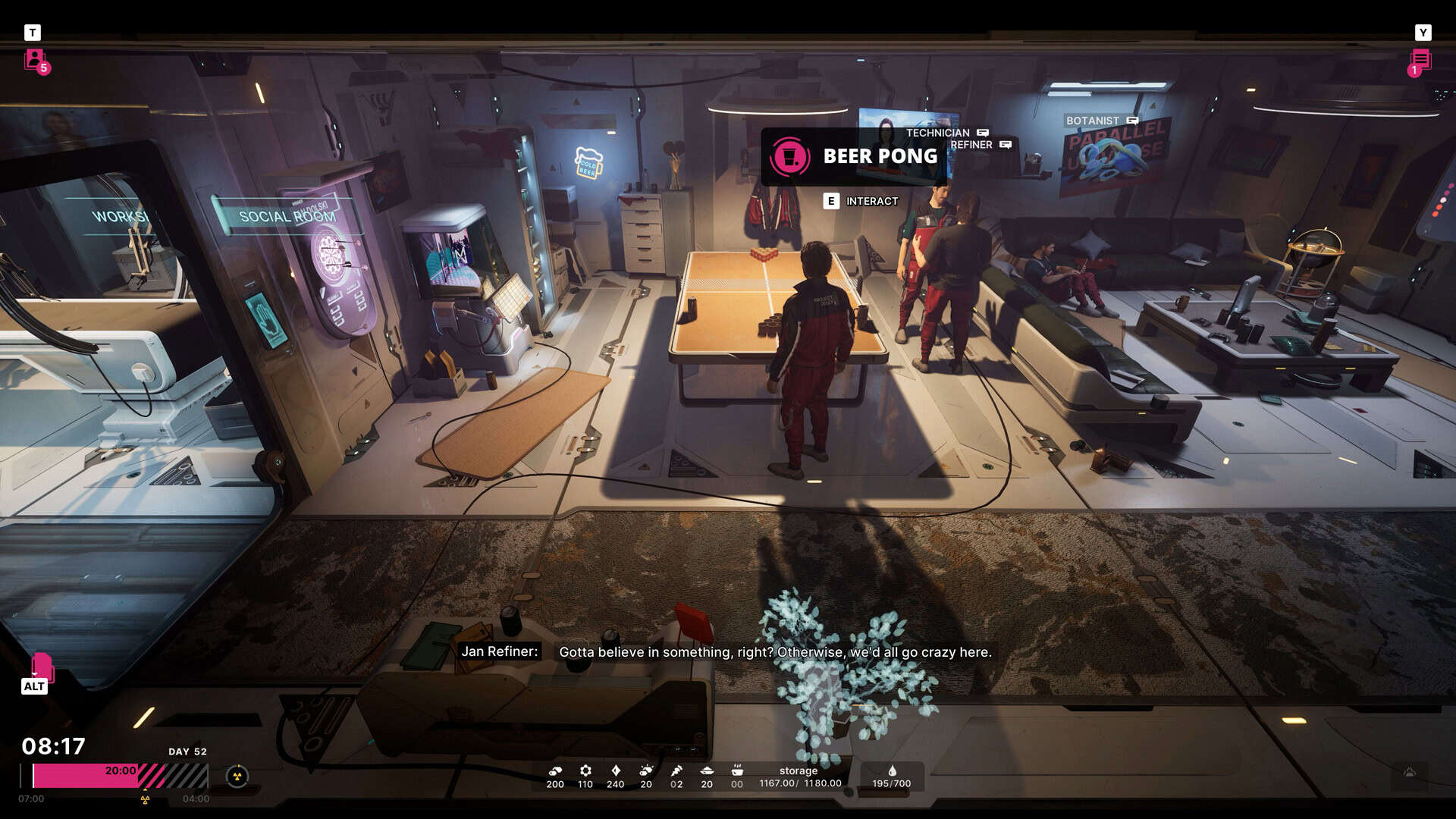 Characters gathered around a beer pong table in a neon-lit futuristic social room with couches and various signs