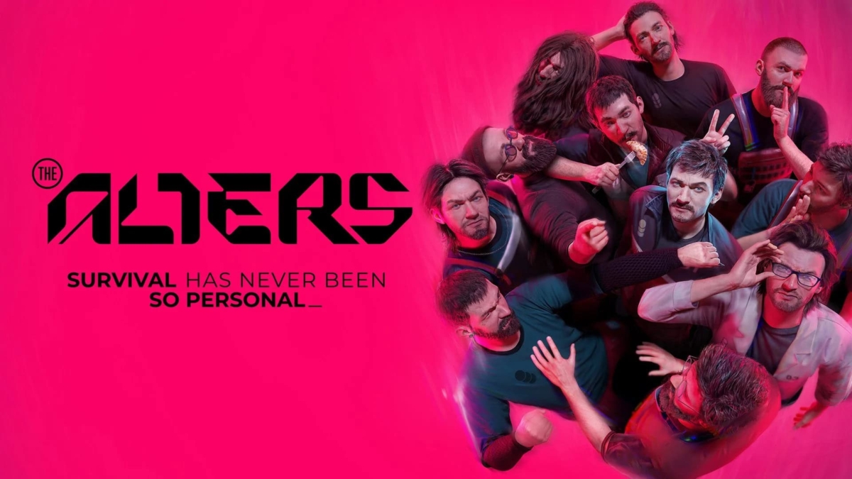 Group of men posing with varied hand gestures against a pink backdrop with stylised black text