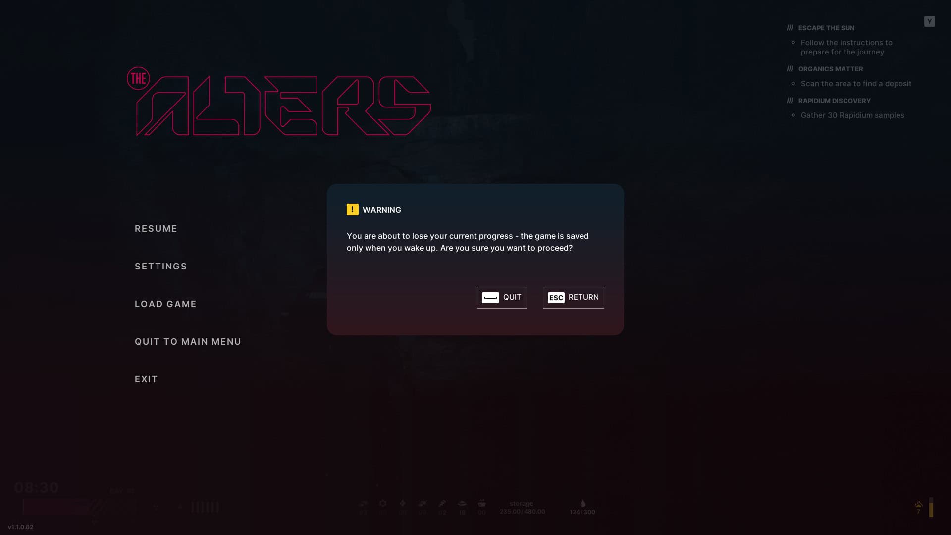 Pause menu screen in The Alters video game showing a warning about losing current progress
