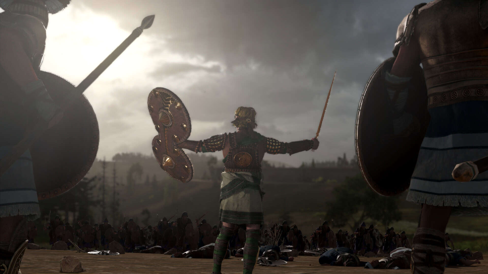Armoured soldier raising shield and sword facing large group of armed soldiers at dusk