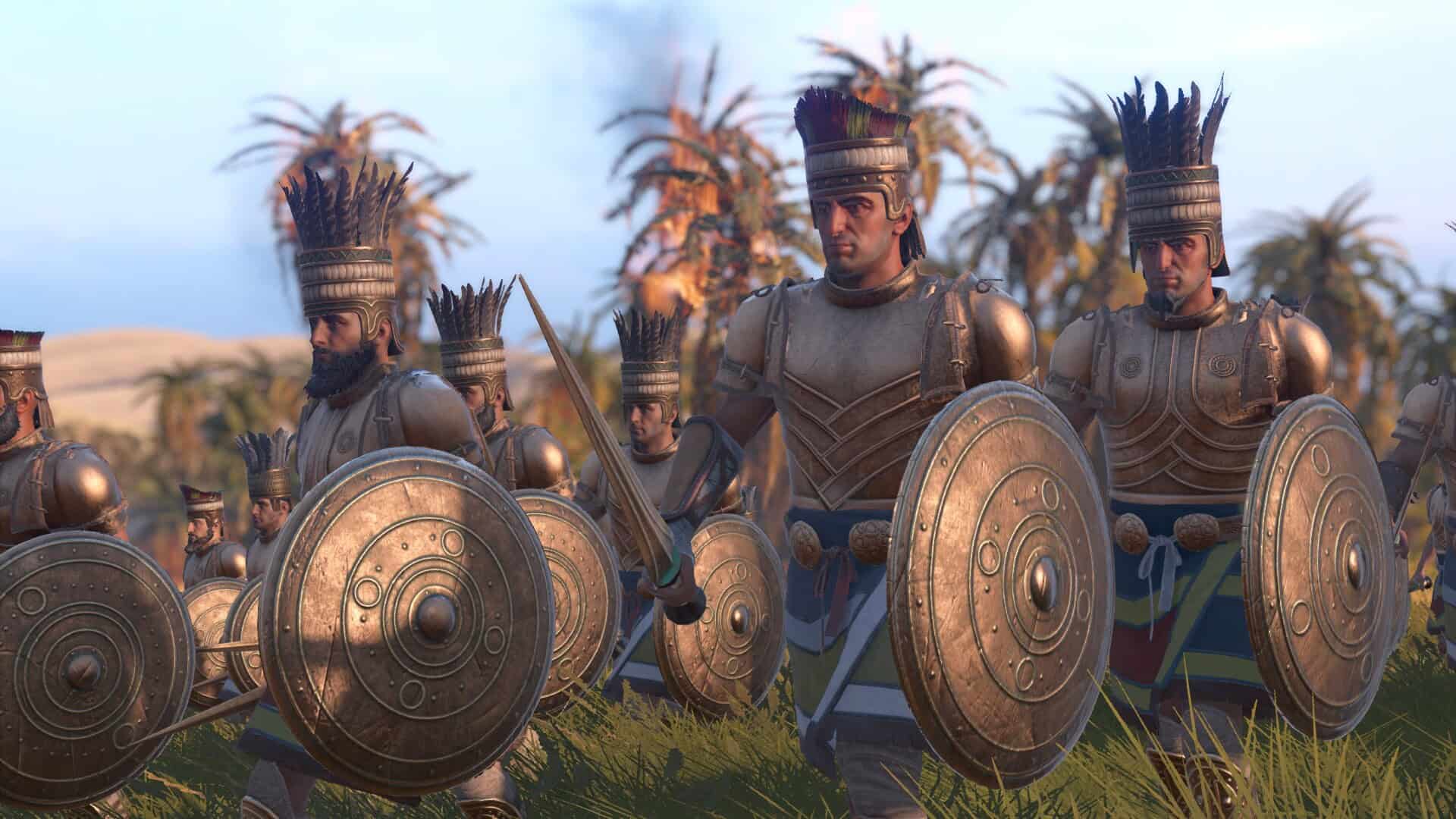 Armoured ancient soldiers with feathered helmets and round bronze shields standing in formation amid palm trees