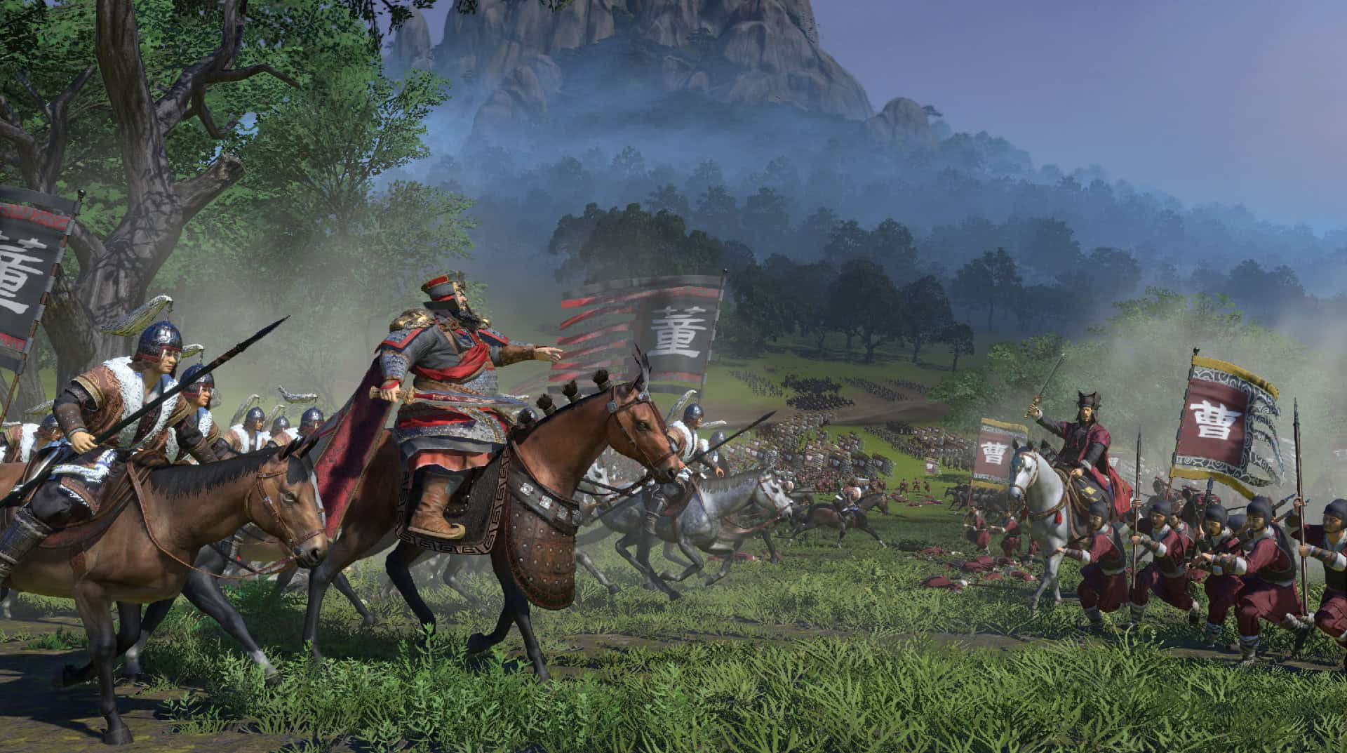 Armoured commanders on horseback leading ancient soldiers with banners on grassy plains with misty hills in the background