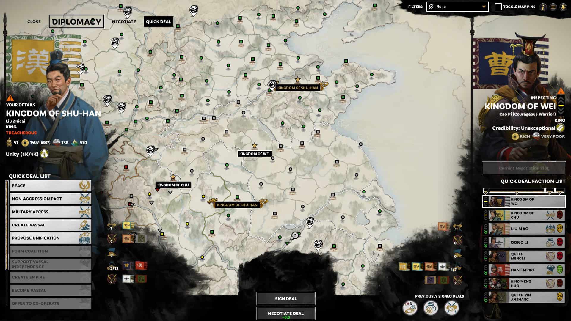 Strategy map showing Kingdom of Shu-Han and Kingdom of Wei leaders negotiating diplomacy deals
