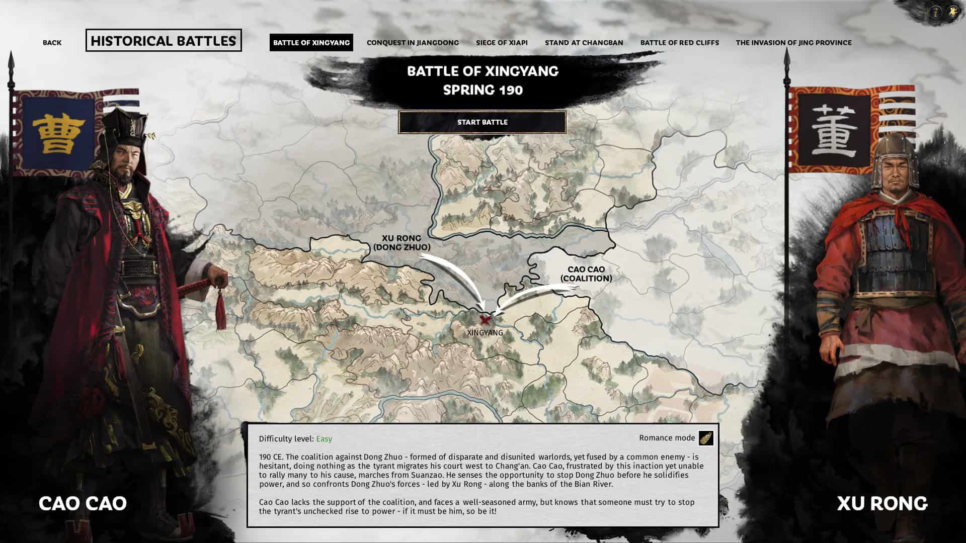 Strategic campaign map highlighting the Battle of Xingyang in spring 190 with two generals, Cao Cao and Xu Rong, on each side