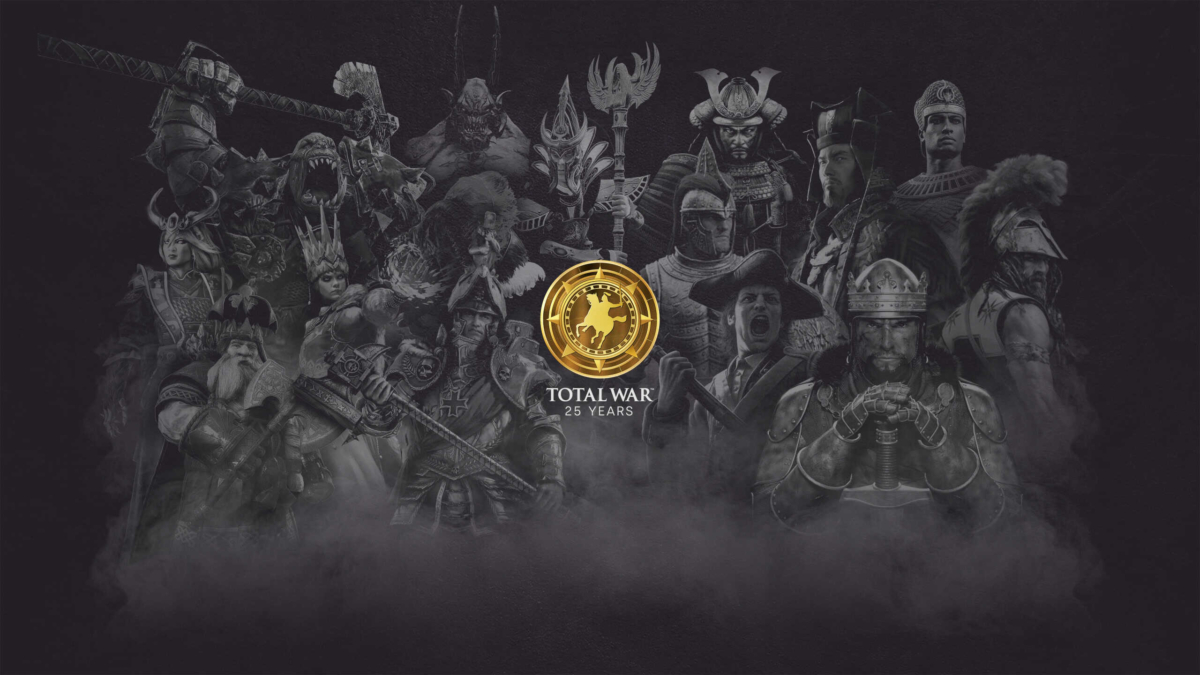 Collage of historical and fantasy warriors encircling a golden Total War 25 Years emblem