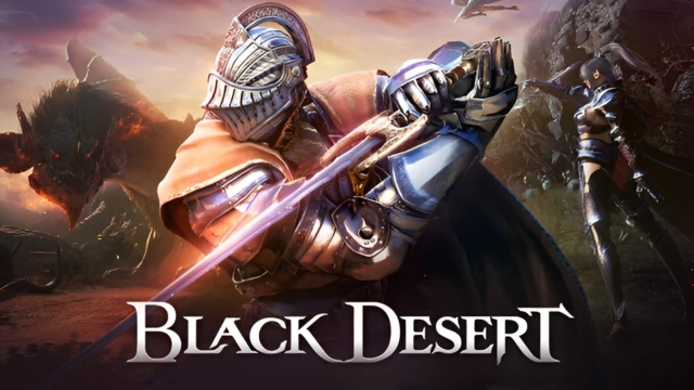 Armoured knight wielding glowing sword with female warrior and large dragon-like monster behind