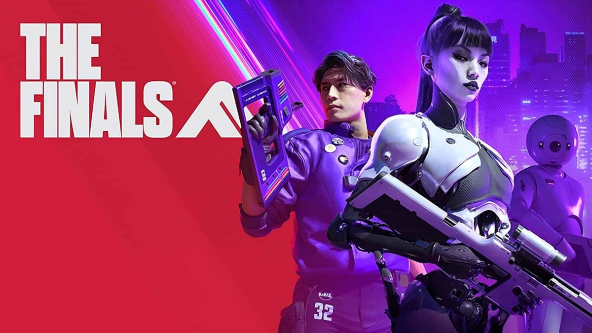 Two futuristic characters armed with weapons, one human and one robotic, standing in a neon-lit cityscape beside the title The Finals.