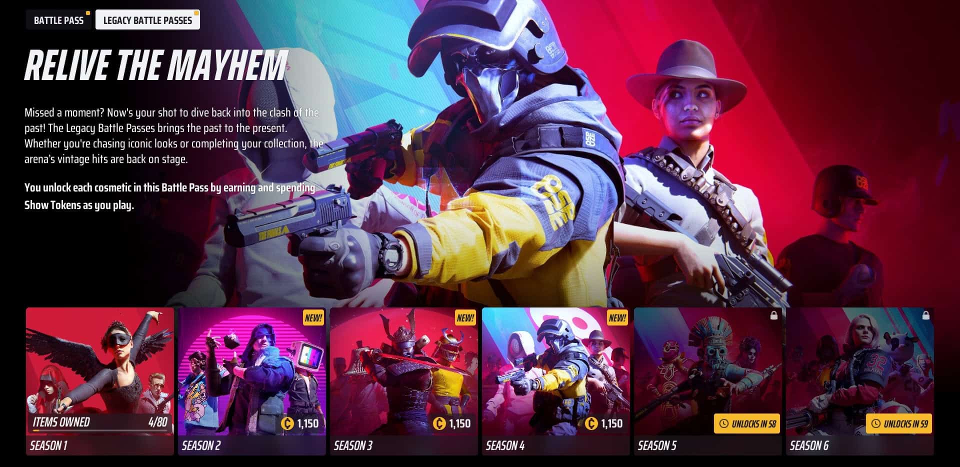 Four characters from different seasons wield weapons and wear unique outfits in The Finals Legacy Battle Pass.