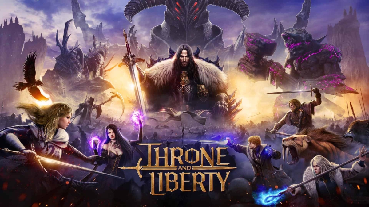 Warriors and mythical creatures battle in front of a dark fortress under a stormy sky in Throne and Liberty