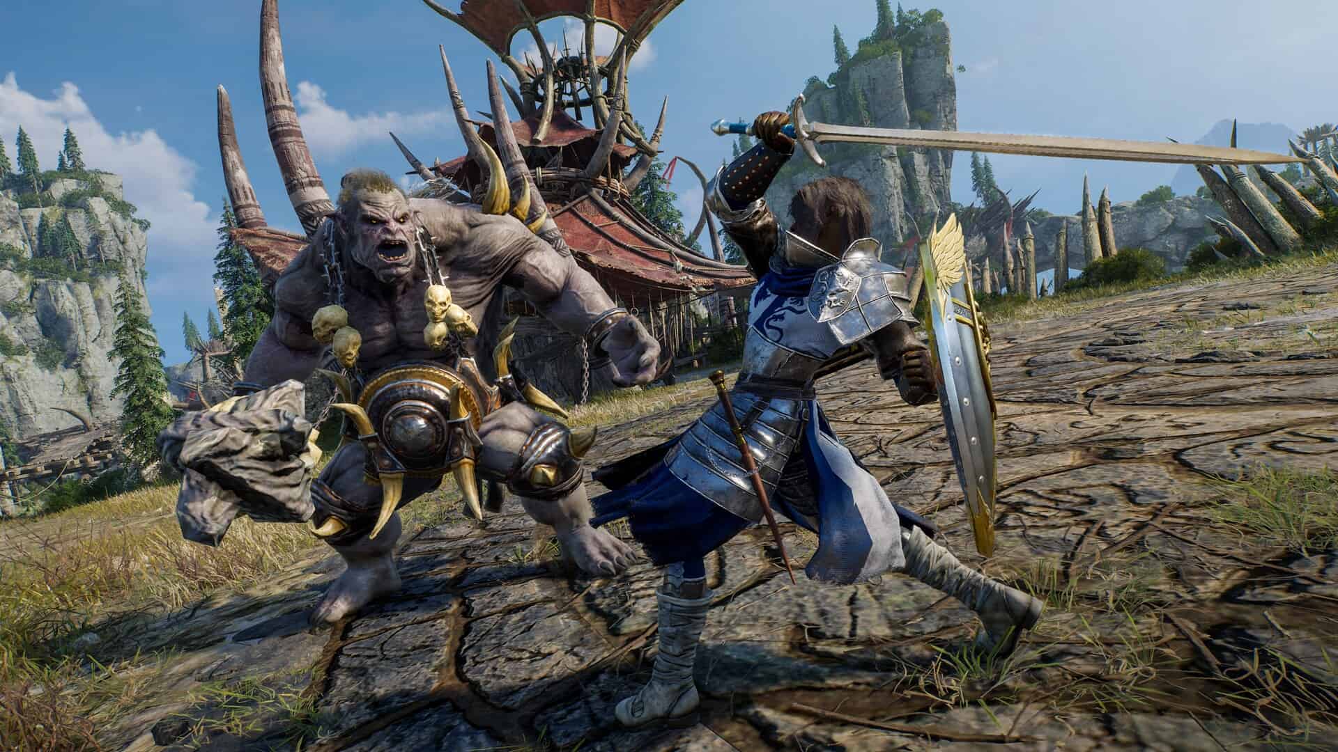 Warrior Battles Armoured Ogre Armoured warrior in blue with sword and shield fights large horned ogre adorned with skulls on a stone path in fantasy environment
