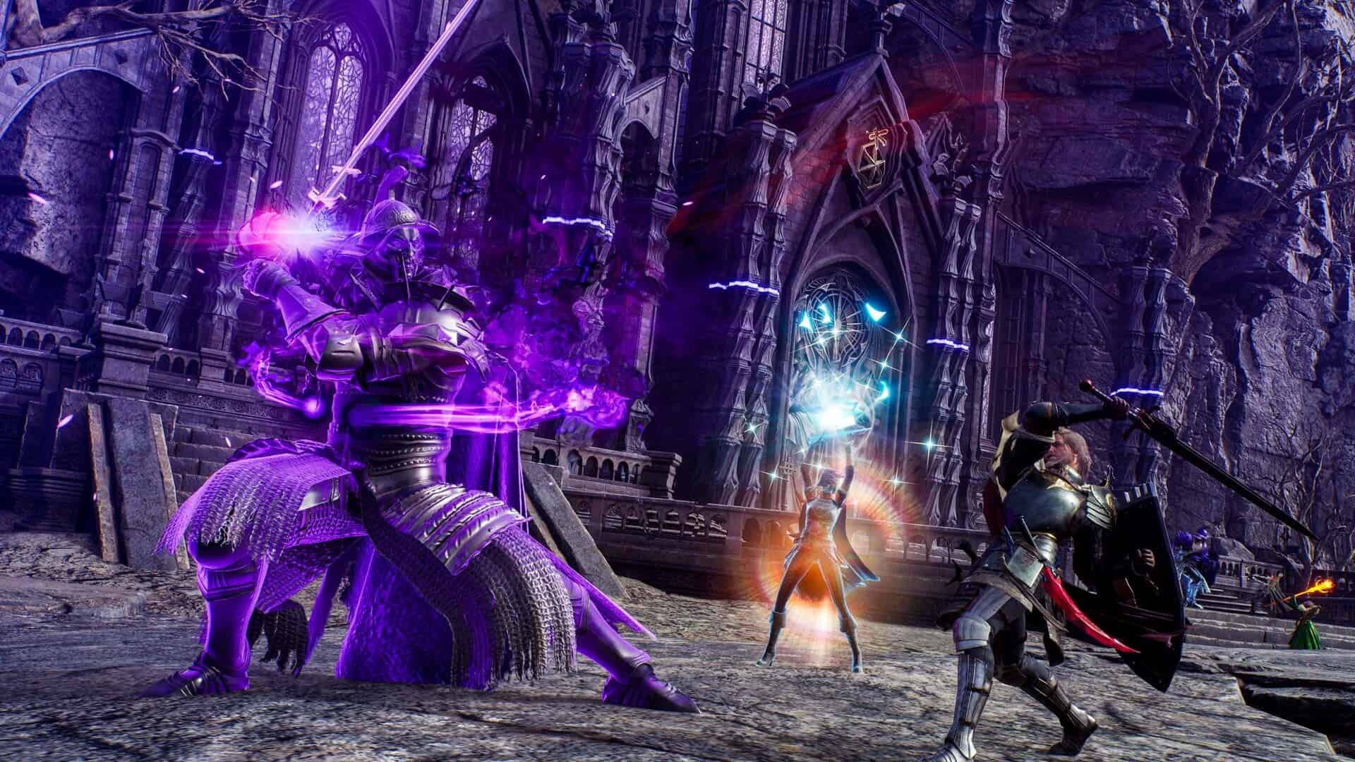 Gothic Ruin Combat Scene Armoured warriors and spellcasters engaged in battle inside a dark gothic ruin with glowing magical effects