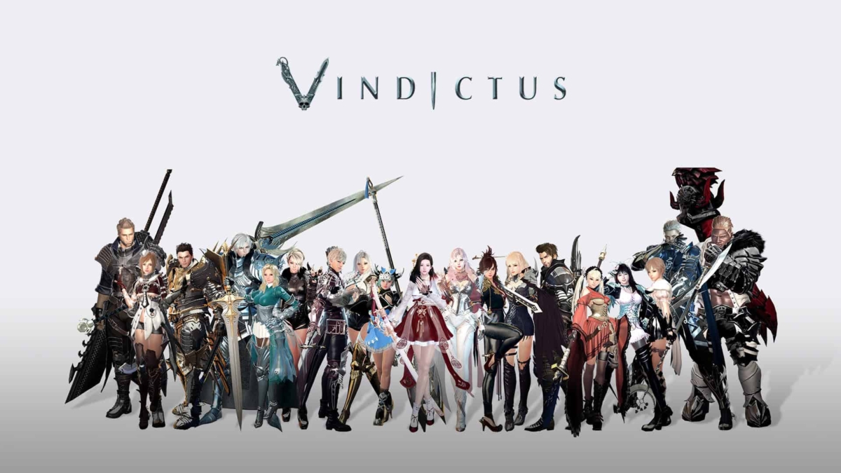 Diverse fantasy characters in detailed armour and outfits holding various weapons under Vindictus logo