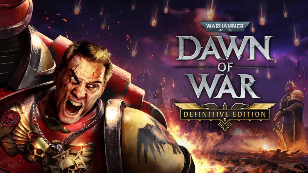 Armoured soldier shouting fiercely amid a fiery battlefield with meteors falling and game logo