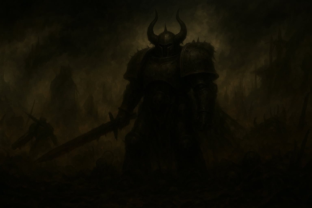 Dark armoured warrior with horned helmet wielding a large sword on a grim battlefield shrouded in gloom
