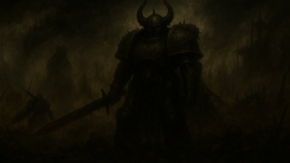 Dark armoured warrior with horned helmet wielding a large sword on a grim battlefield shrouded in gloom