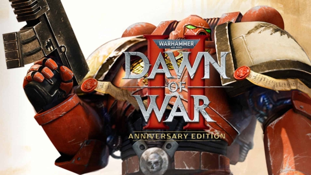 Red-armoured Space Marine holding a large gun with Dawn of War II Anniversary Edition logo overlaid