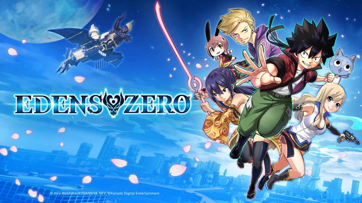Six anime-style characters in dynamic poses with a futuristic city and moon in the background, Edens Zero logo to the left