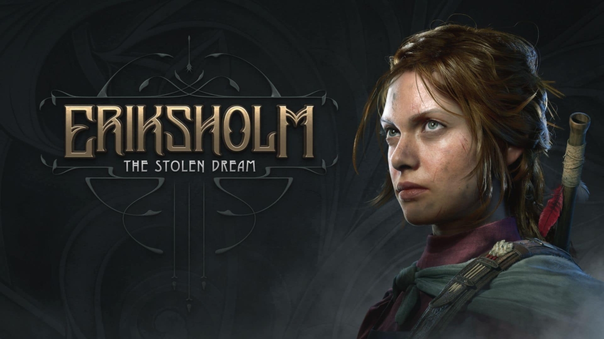 Close-up of a determined woman with scars on face and tied brown hair, with game title Eriksholm The Stolen Dream in background