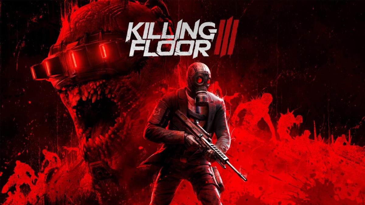 Soldier in gas mask holding rifle with monstrous red creature and zombies in red background