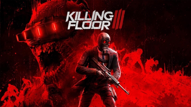 Soldier in gas mask holding rifle with monstrous red creature and zombies in red background