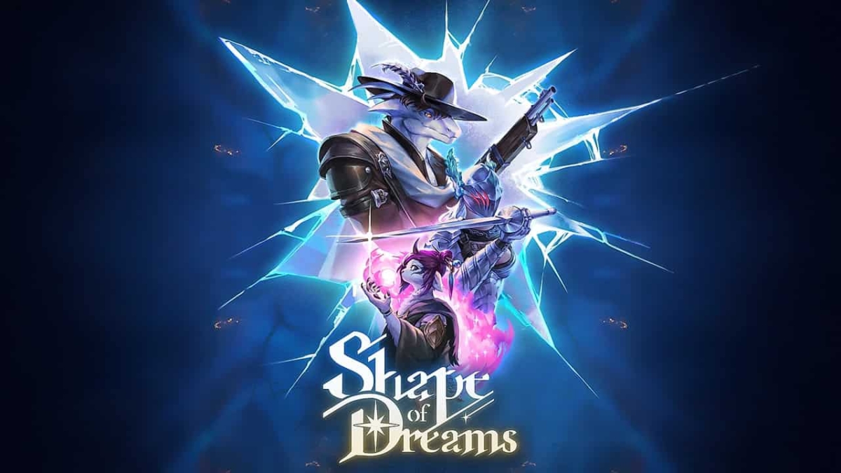 Three stylised anthropomorphic characters posing dynamically through a shattered glass design with the Shape of Dreams logo below
