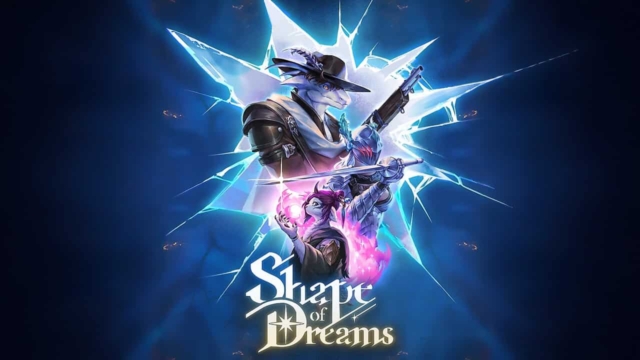 Three stylised anthropomorphic characters posing dynamically through a shattered glass design with the Shape of Dreams logo below