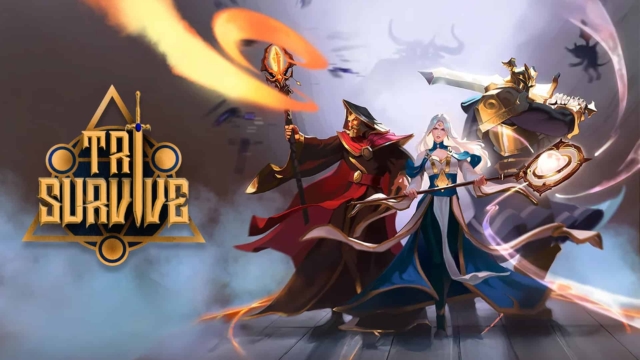 Three fantasy characters in battle-ready poses with a glowing sword and magical effects