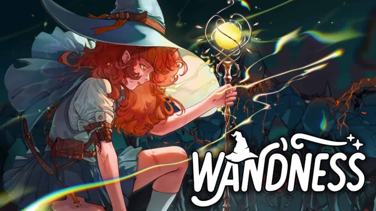 Red-haired wizard girl in blue cloak holding a glowing staff with magical sparks amid dark twisted branches