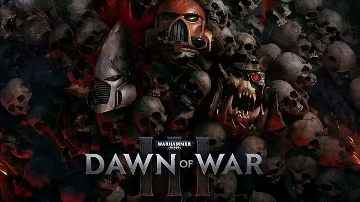 Three distinct futuristic helmets from Warhammer 40K Dawn of War III displayed above a large pile of human skulls