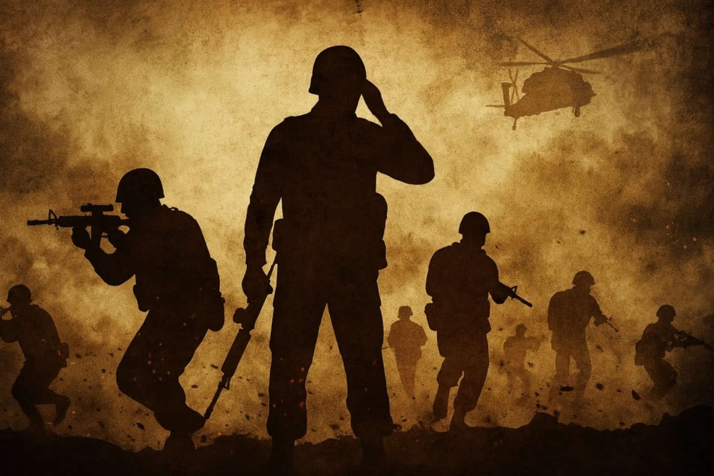Silhouetted soldiers holding rifles advancing through smoky battlefield with helicopter overhead