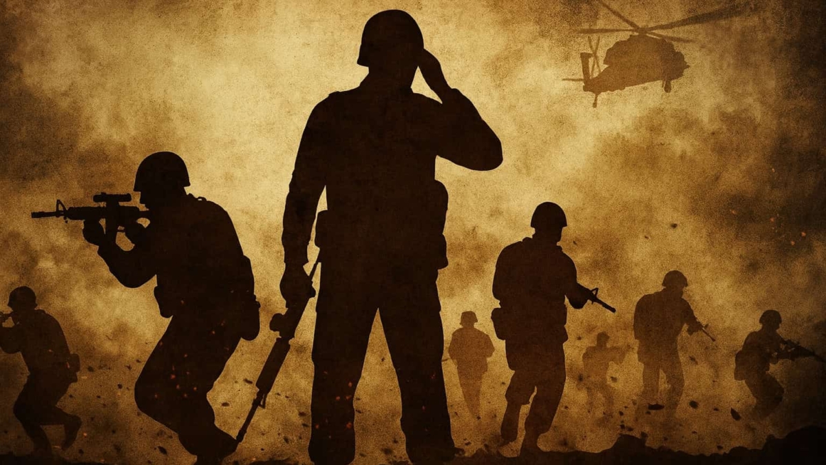 Silhouetted soldiers holding rifles advancing through smoky battlefield with helicopter overhead
