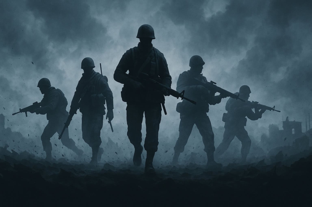 Five soldiers in silhouette advancing through a misty, smoky battlefield holding rifles