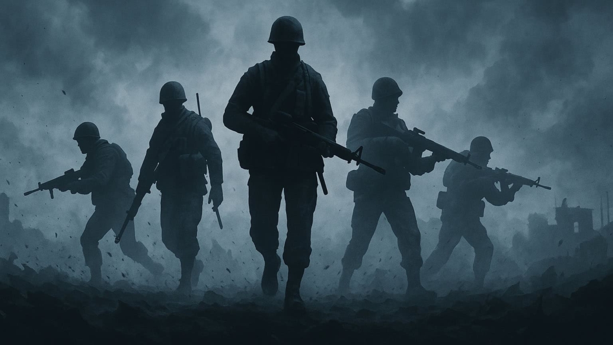 Five soldiers in silhouette advancing through a misty, smoky battlefield holding rifles
