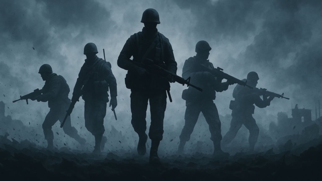 Five soldiers in silhouette advancing through a misty, smoky battlefield holding rifles
