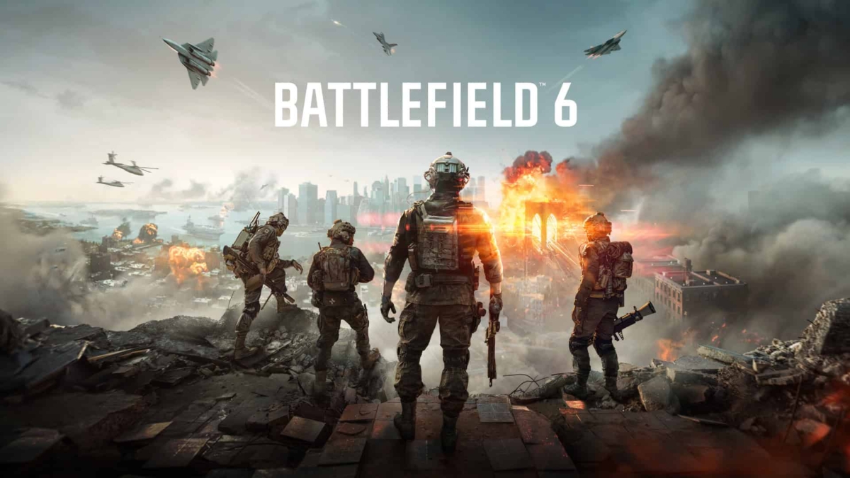 Four soldiers in combat gear overlooking a burning city with jets flying overhead