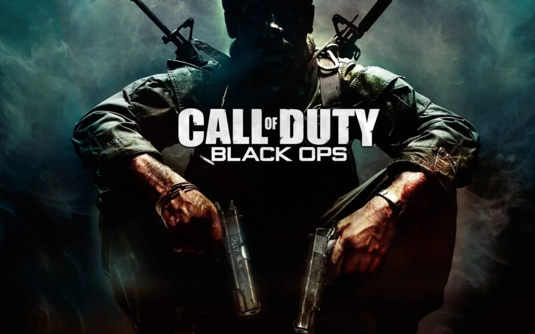 Soldier crouching with two pistols in a smoky, dark atmosphere with Call of Duty Black Ops logo above