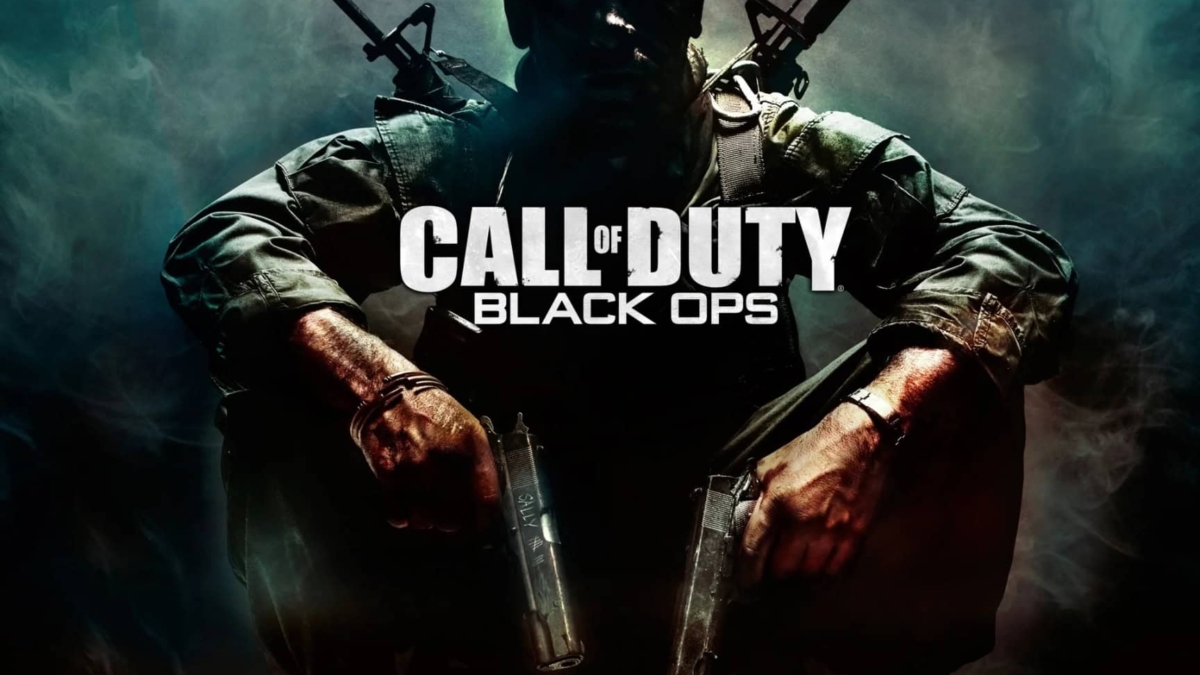 Soldier crouching with two pistols in a smoky, dark atmosphere with Call of Duty Black Ops logo above