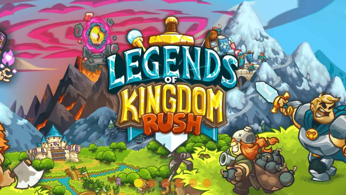 Colourful title screen showing fantasy characters with a mountainous and volcanic landscape