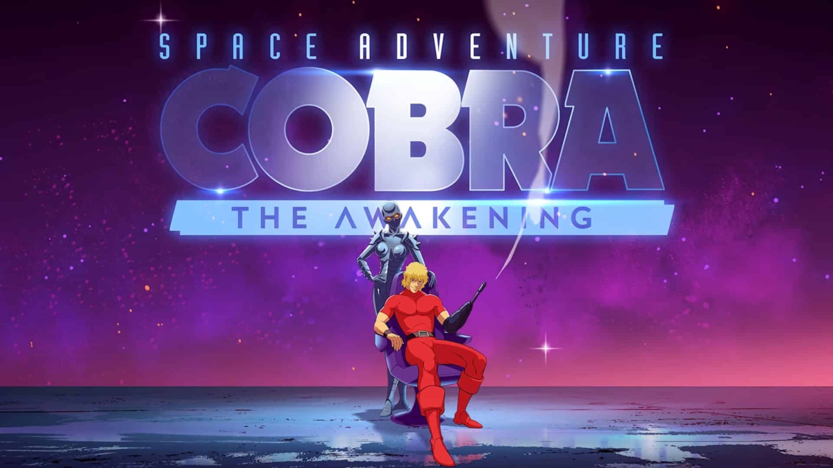 Animated man in red suit sitting on a purple chair with a standing robotic woman against a purple starry space background