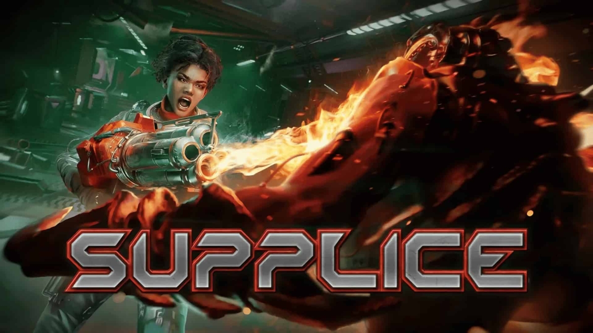 Female character wielding a large double-barrelled gun firing flames at a robotic enemy in a sci-fi corridor