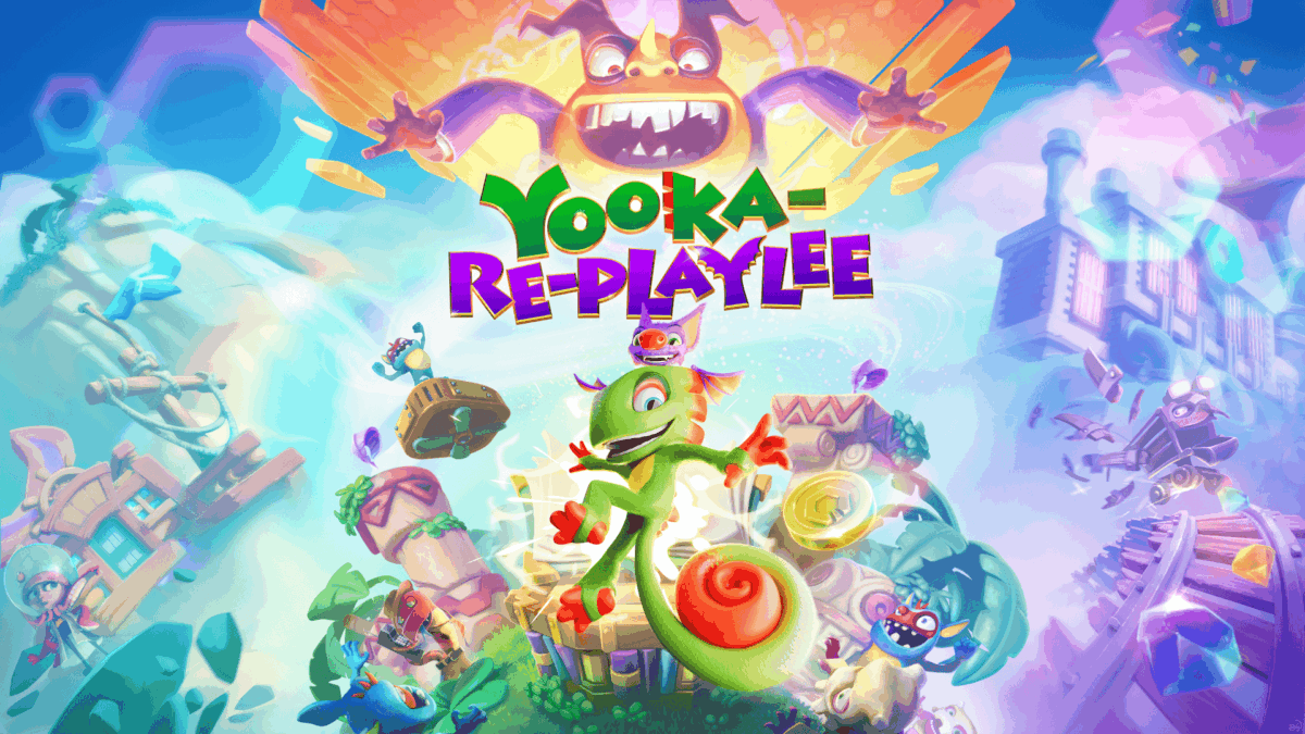 Colourful cover art featuring a green chameleon and a purple bat surrounded by floating playful characters and objects